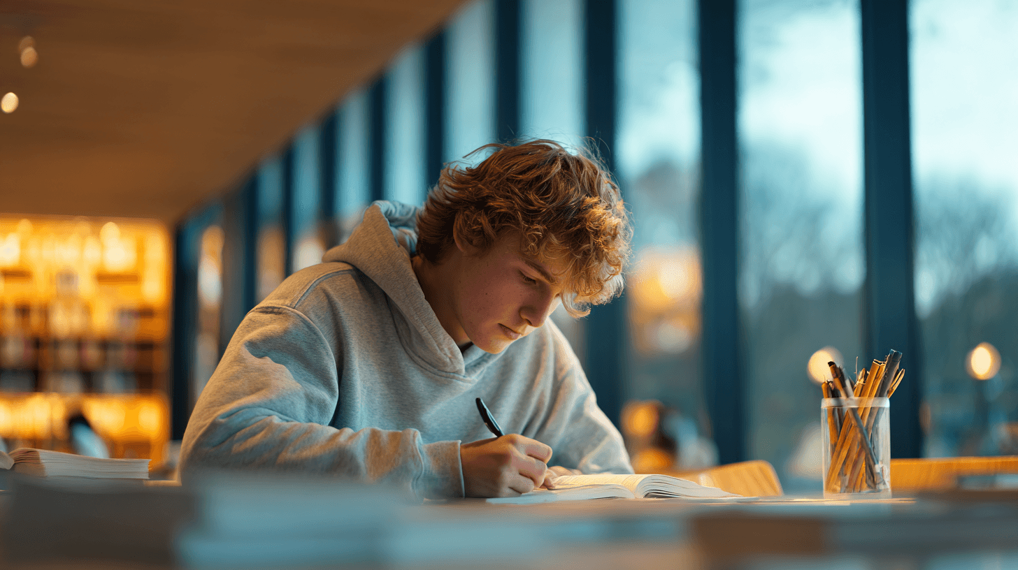 Jongere in rustige begeleid-wonen omgeving van Schakelthuis die geconcentreerd schrijft en werkt aan persoonlijke ontwikkeling