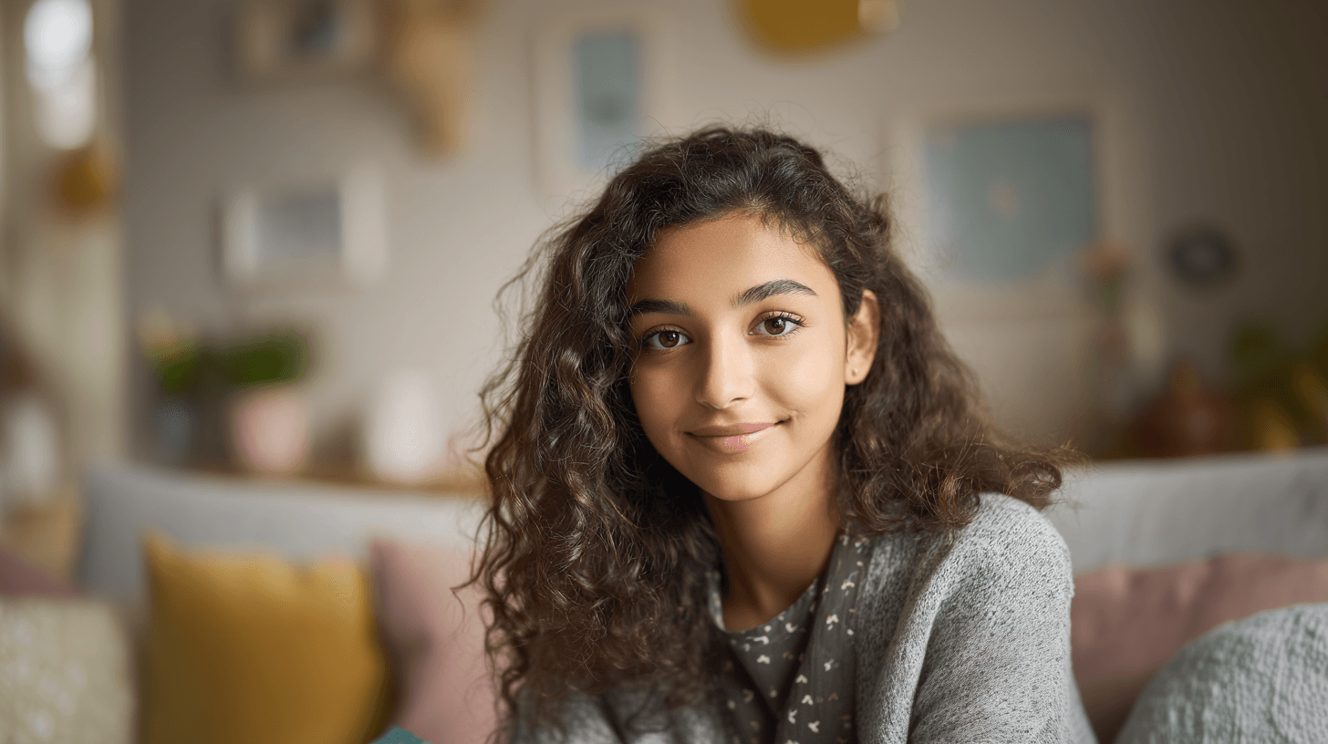 Jonge tiener in huiselijke begeleid-wonen omgeving van Schakelthuis die warm en zelfverzekerd lacht voor jeugdbegeleiding en ontwikkeling