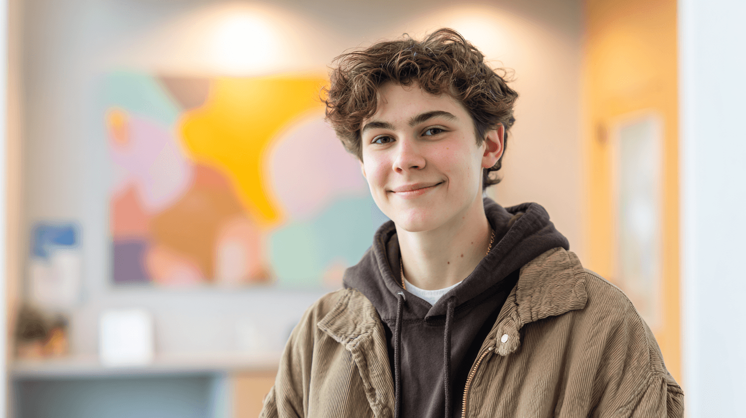 Jongere in veilige begeleid-wonen omgeving van Schakelthuis die positief en zelfverzekerd lacht voor jeugdbegeleiding en ontwikkeling