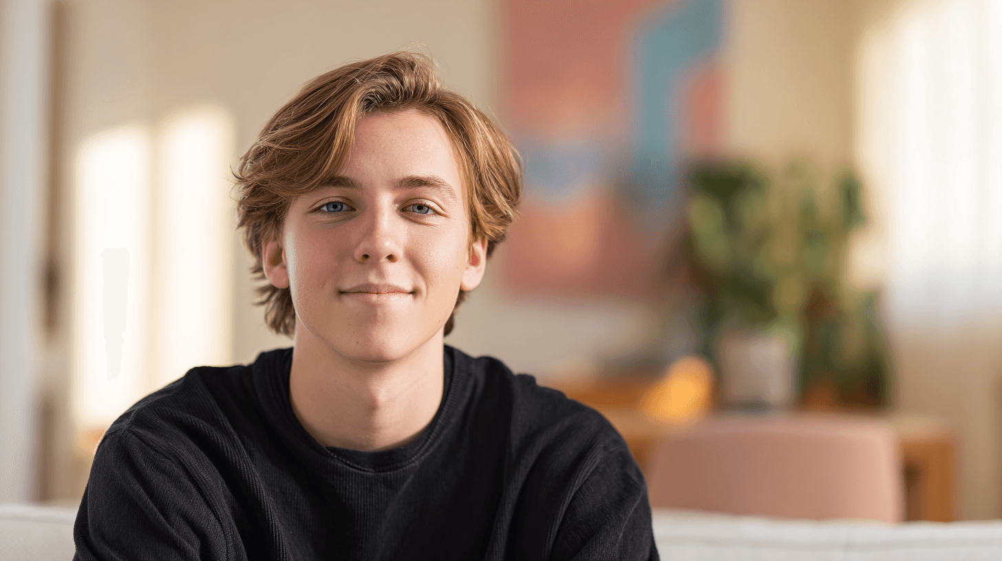 Jongere in warme begeleid-wonen omgeving van Schakelthuis die ontspannen en zelfverzekerd lacht voor jeugdbegeleiding en ontwikkeling