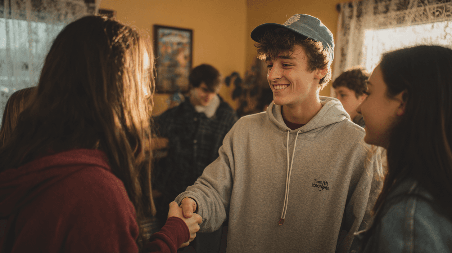 Jongeren in huiselijke begeleid-wonen omgeving van Schakelthuis die elkaar ontmoeten en begroeten voor sociale ontwikkeling en jeugdbegeleiding